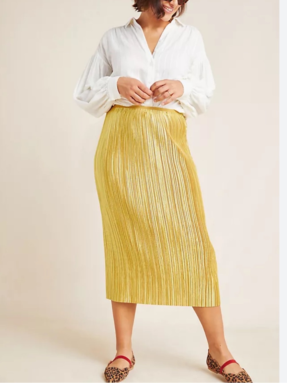 Maeve Anthropologie Shimmery Metallic Gold Pleated Midi Skirt Size 6